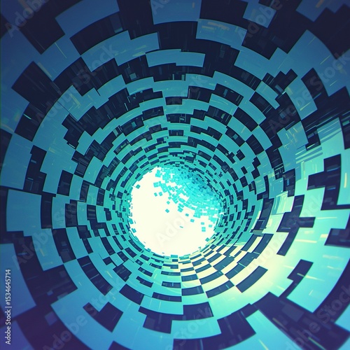 Neon Blue-Green Concentric Slices × Terracotta Zigzag Matrix: Dynamically Scattered on Ice-Grey Background, Optical Art Vector Layers