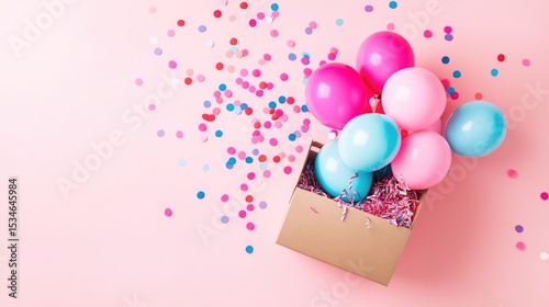 Birthday party flat lay with a gift box overflowing with bright balloons and scattered confetti on pastel backdrop