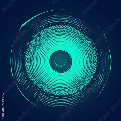 Neon Blue-Green Concentric Slices × Terracotta Zigzag Matrix: Dynamically Scattered on Ice-Grey Background, Optical Art Vector Layers
