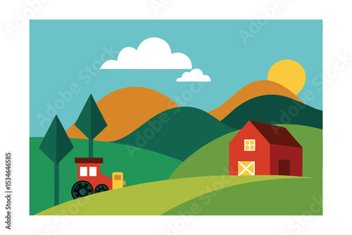 Serene Farmland Landscape Rolling Hills, Red Barn, and Tractor