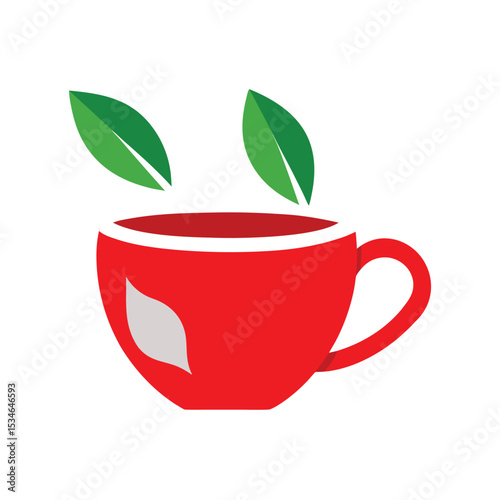 Refreshing Herbal Tea Red Cup with Green Leaves Illustration