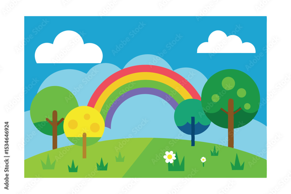 Obraz premium Vibrant Rainbow Over Lush Green Hillside A Colorful Nature Scene Illustration