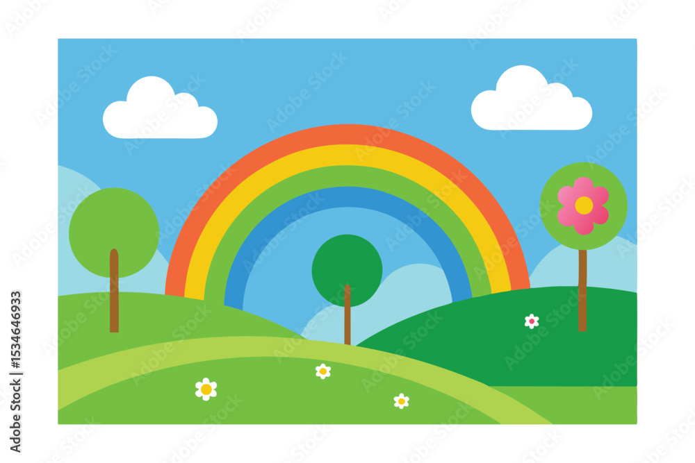 Fototapeta premium Vibrant Rainbow over Rolling Hills A Colorful Landscape Illustration