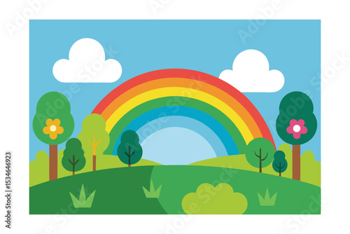 Vibrant Rainbow over Lush Green Hills A Colorful Nature Scene