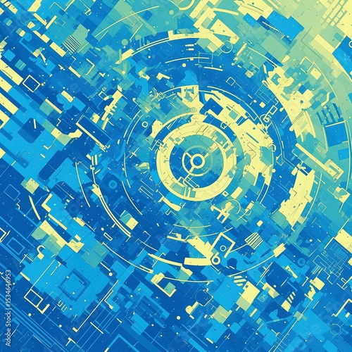 Neon Blue-Green Concentric Slices × Terracotta Zigzag Matrix: Dynamically Scattered on Ice-Grey Background, Optical Art Vector Layers
