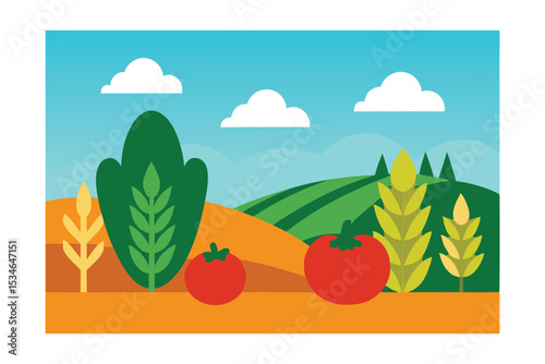 Vibrant Farmland Landscape Rolling Hills, Wheat, and Tomatoes
