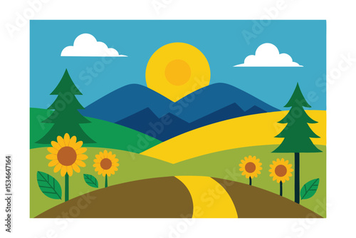 Sun-Kissed Sunflower Fields and Majestic Mountains A Vibrant Summer Landscape Illustration