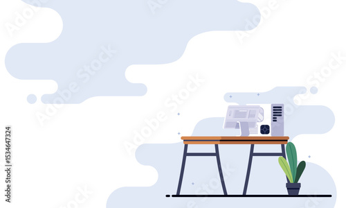 illustration vector graphic of a minimal computer setup on a wooden desk with a green potted plant. perfect for workspace, office design, or technology-related content.