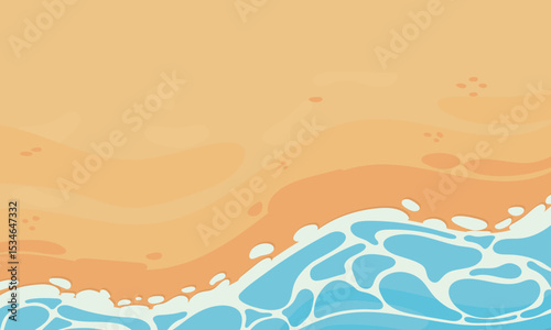 illustration vector graphic of a sunny beach shoreline with ocean waves reaching the sand. perfect for summer, vacation, or travel-themed designs.