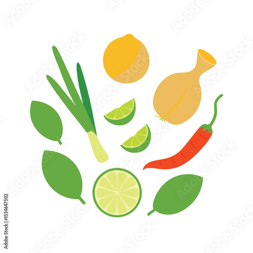 Vibrant Culinary Illustration Fresh Herbs, Spices, and Citrus for Cooking