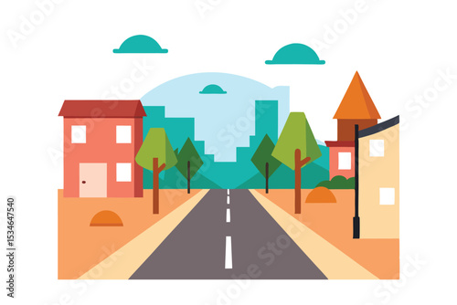 Charming Suburban Street Scene A Colorful Illustration of Cityscape and Road