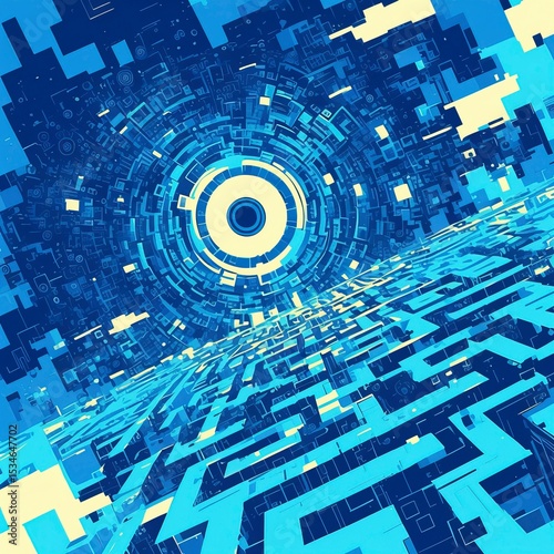 Neon Blue-Green Concentric Slices × Terracotta Zigzag Matrix: Dynamically Scattered on Ice-Grey Background, Optical Art Vector Layers