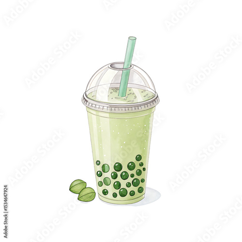 Refreshing matcha boba tea drink isolated on transparent background