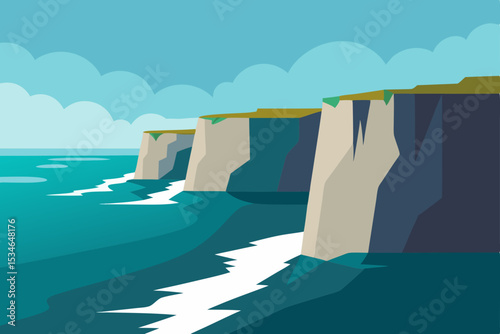 Coastal view of the blue summer sky and rocky ocean landscape from a cliff