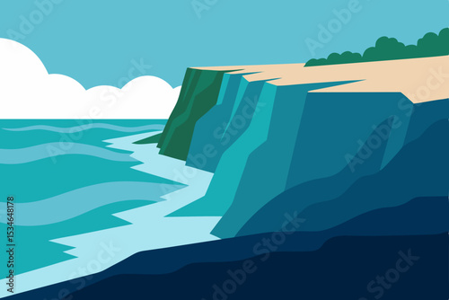 Blue summer sky meets the serene ocean coastline, with distant mountains framing a tranquil beach landscape