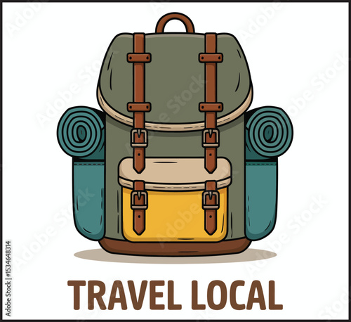 Travel Local Backpack with Sleeping Bag Adventure Vector Illustration