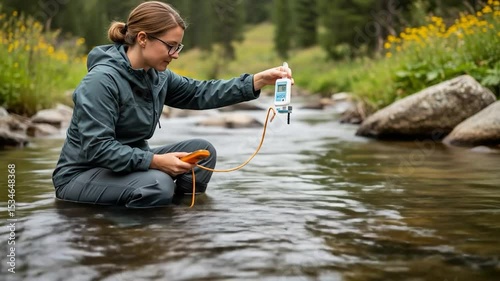 Woman in wading gear testing river water quality