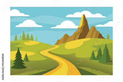 Serene Mountain Landscape Winding Road Through Verdant Hills and Majestic Peaks