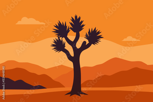 Desert landscape at sunset with a solitary tree silhouette against an orange sky
