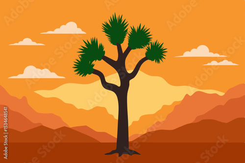 Vector illustration of a tree silhouette on a tropical island beach at sunset with an orange sky
