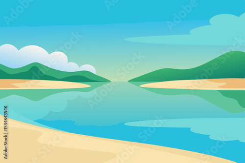 Tropical summer seascape with blue sky, ocean waves, and distant mountains