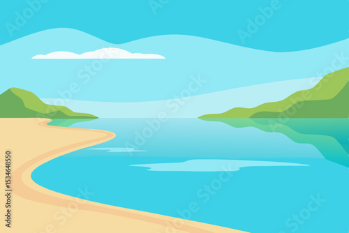 Mountain and sea landscape with a blue sky, green island, and sandy beach perfect for summer travel