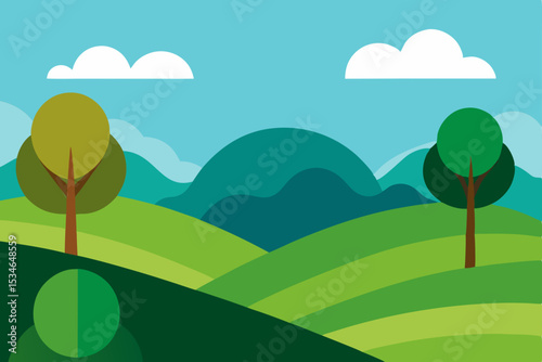 Vibrant summer landscape vector illustration with green trees, rolling hills, and a clear sky over a peaceful meadow