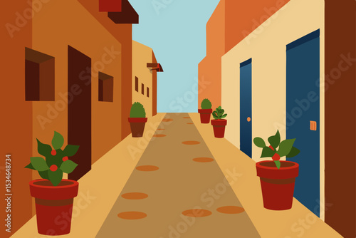 Old town narrow street with traditional stone architecture, vibrant flowers, and an ancient entrance in a European village