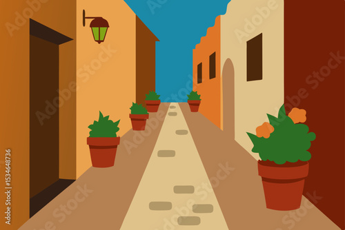 An ancient stone entrance on a narrow Jerusalem street reveals traditional architecture and a splash of colorful flowers