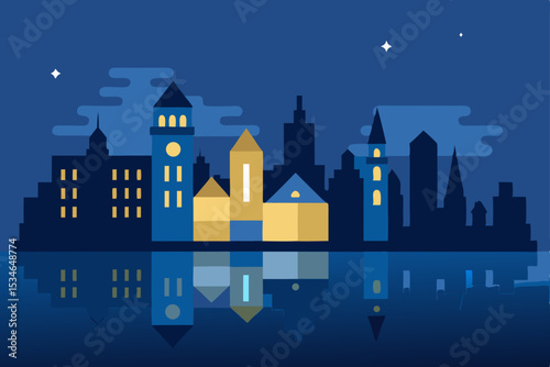 Night city illustration with moon, stars, and building silhouettes