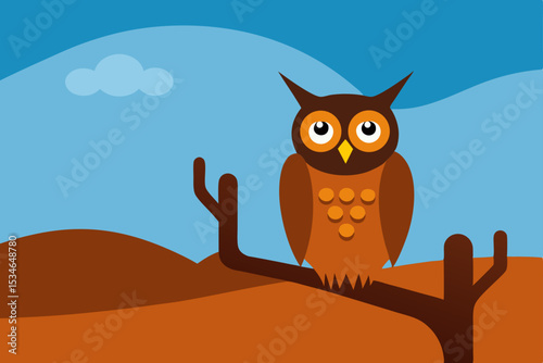 Cute cartoon owl with big eyes sitting on a tree branch at night