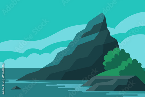 Abstract vector illustration of a panoramic mountain landscape with a serene sky, reflective water, and distant islands, perfect for summer travel