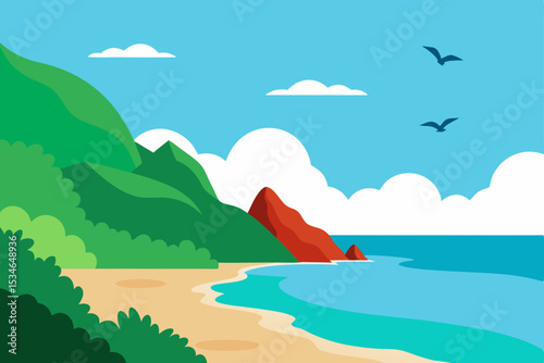 Serene island landscape with a distant mountain range, calm blue ocean, and a clear summer sky