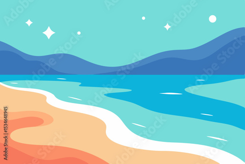 Tropical island beach paradise with clear turquoise ocean waves, blue sky, and summer sun