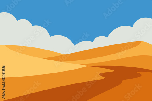 Sunset over vast desert landscape with golden sand dunes and a vibrant sky