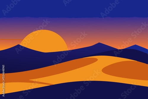 Vibrant orange and red hues paint the sky over a serene desert and mountain landscape at sunset, featuring distant hills and clouds