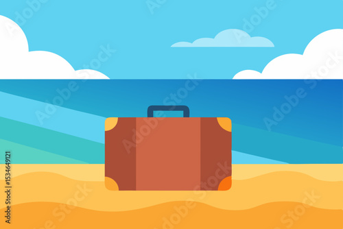 A travel suitcase rests on a sandy beach, under a summer sky with the sea and sun in the landscape