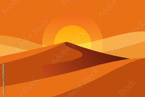 Desert sunset vector landscape with orange sky and sun over sand dunes