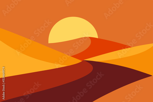 Abstract artistic vector illustration of a vibrant orange and yellow desert sunset landscape with gradient sky and subtle light waves