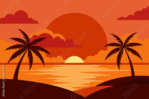 Tropical sunset beach with palm tree silhouette and summer ocean view