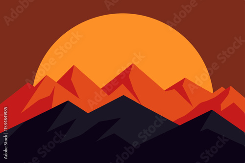 Vector illustration of a desert mountain landscape with pyramids, camels, and a vibrant orange sunset sky