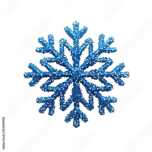 Intricate blue snowflake with white dots on transparent background