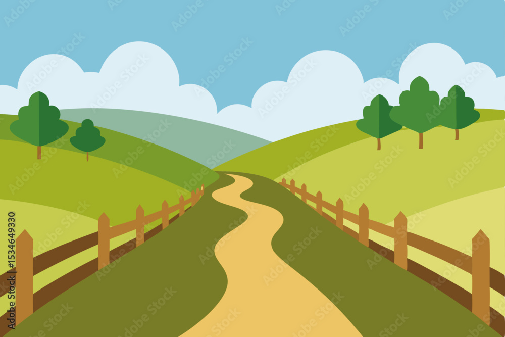 Obraz premium Green summer landscape with a country road, rolling hills, and a blue sky with clouds