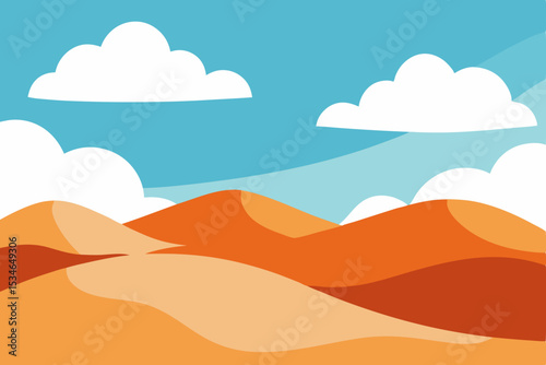 Sea and sky vector illustration of a beach landscape at sunset with clouds and a distant mountain, capturing the essence of summer nature travel