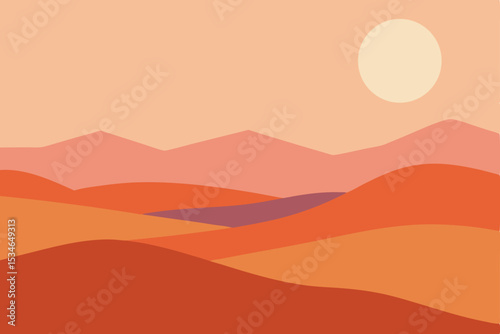 Vector illustration of a vibrant mountain sunset landscape with an orange sky and desert silhouettes