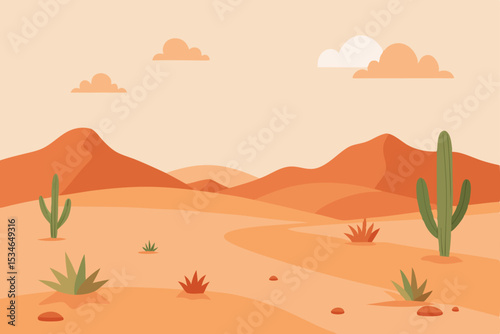Vector illustration of a desert landscape at sunset, featuring silhouetted mountains, a prominent cactus, and an orange sky