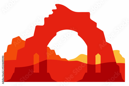 Ancient stone arch architecture ruins against the sky, a vector illustration of a silhouette of an old castle and temple