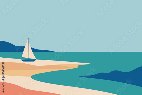 A serene summer vacation with yachts and sailboats gliding across the tropical ocean, framed by a sunny sky and a sandy beach