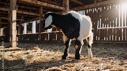 Black and white goat standing in a wooden pen surrounded by straw bedding in a sunny farm setting.
