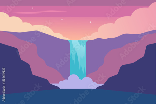 Golden sunrise bathes the misty mountain landscape, silhouetting distant hills against a blue sky with soft clouds, revealing nature's beautiful dawn view